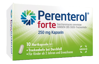 Verpackung von Perenterol forte Kapseln mit Trockenhefe zur Behandlung von Durchfall f r Kinder ab zwei Jahren und Erwachsene. Beschreibung von KI generiert