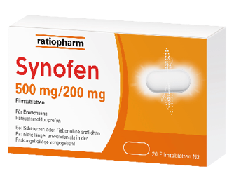 Verpackung von Synofen Filmtabletten mit Dosierung und Anwendungshinweisen in deutscher Sprache. Beschreibung von KI generiert