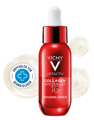 Rotes Fl schchen mit Pipette und der Aufschrift Vichy Liftactiv Collagen Specialist 16 Bonding Serum vor wei em Hintergrund mit einem Siegel, das Dermatologenempfehlung anzeigt. Beschreibung von KI generiert