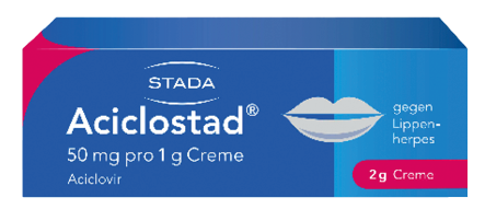 Verpackung einer 2-Gramm-Creme namens Aciclostad zur Behandlung von Lippenherpes mit einem Wirkstoffgehalt von 50 mg pro Gramm. Beschreibung von KI generiert