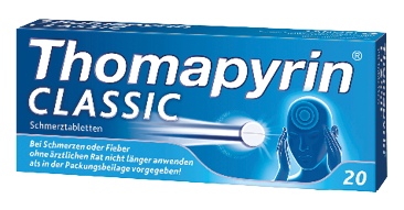 Verpackung von Thomapyrin Classic Schmerztabletten mit einer stilisierten Darstellung einer Person, die sich den Kopf h lt. Beschreibung von KI generiert