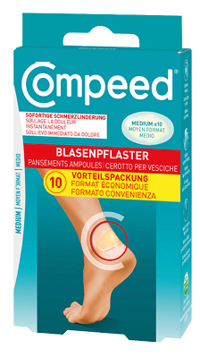 Verpackung eines Compeed Blasenpflasters mit Abbildung eines Fu es und Hinweis auf mittlere Gr e.  Beschreibung von KI generiert