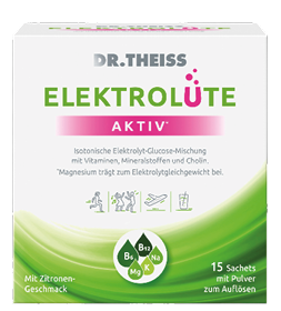 Verpackung von Dr. Theiss Elektrolyte Aktiv mit Zitronengeschmack und isotonischer Elektrolyt-Glucose-Mischung zur Unterst tzung des Elektrolytgleichgewichts in Pulverform. Beschreibung von KI generiert