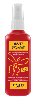 Rotes Sprayfl schchen mit gelbem Etikett und der Aufschrift Anti Brumm Forte zur Abwehr von Insekten. Beschreibung von KI generiert