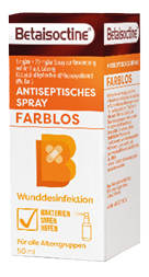 Verpackung eines farblosen antiseptischen Sprays zur Wunddesinfektion mit dem Markennamen Betaisodine. Beschreibung von KI generiert