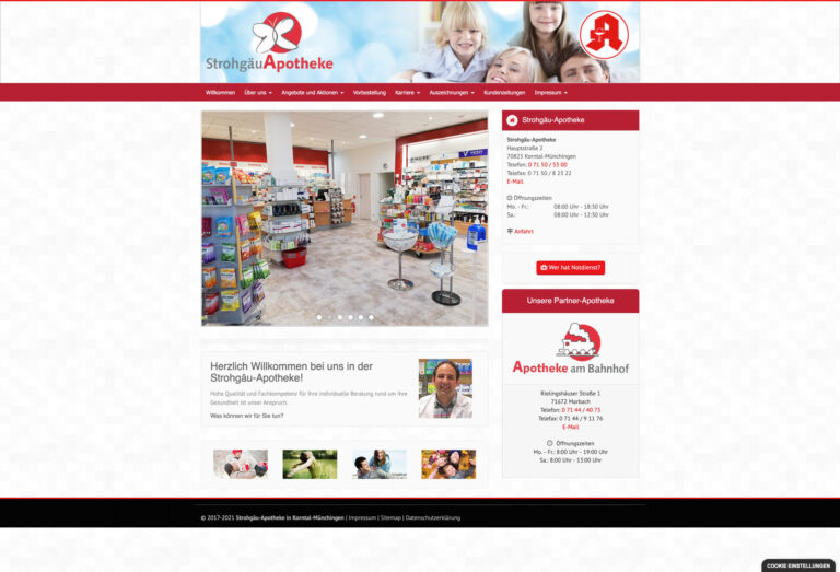 Screenshot der Homepage von der Strohgäu Apotheke mit Sliderbild und Einleitungstext.