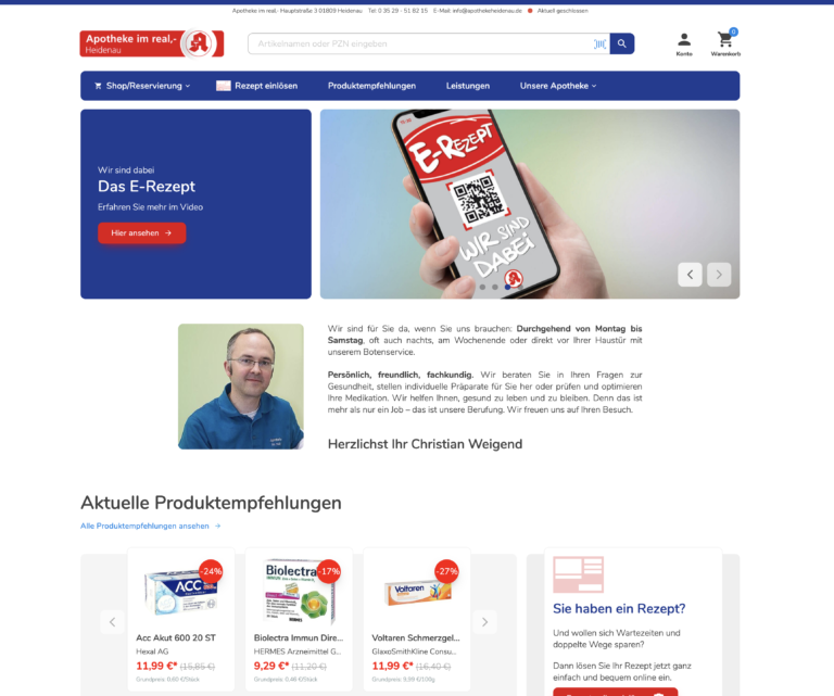 Screenshot der Homepage der Apotheke in Heidenau mit Sliderbild und Apotheker Grußwort.