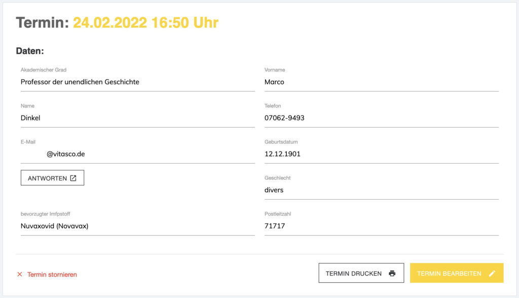 Termin-Buchungstool des Website & eShops Systems der vitasco GmbH - Details